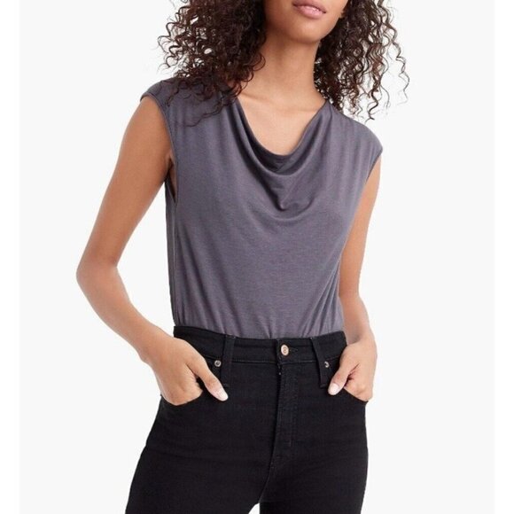 J Crew 365 Sz XS Gray Draped Cowl Neck Cap Sleeve Modal Stretch Bodysuit NWT NEW - Picture 6 of 11
